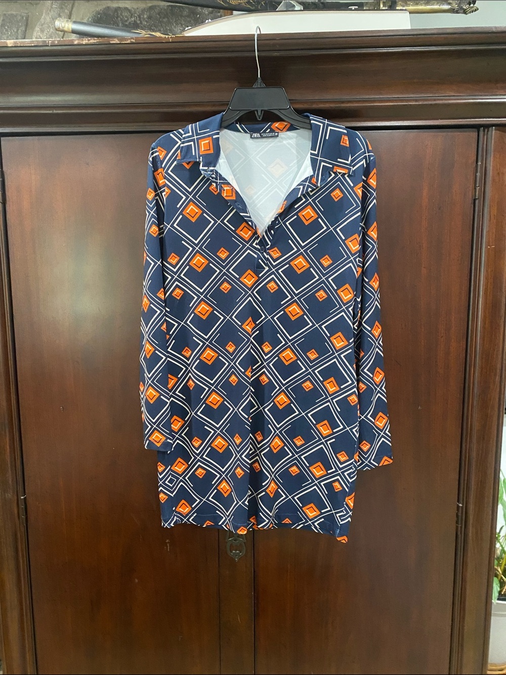 Zara Navy Blue Mini Dress with Orange Geometric Print